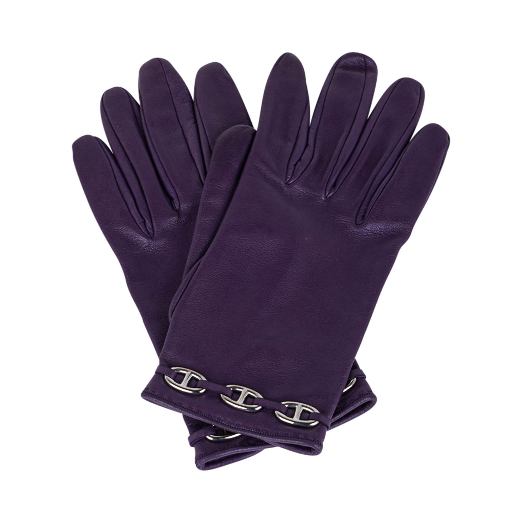 Hermes Handschuhe Vintage Wrist Length Raisin Chaine D'Ancre Palladium Hardware 7 Damen im Angebot