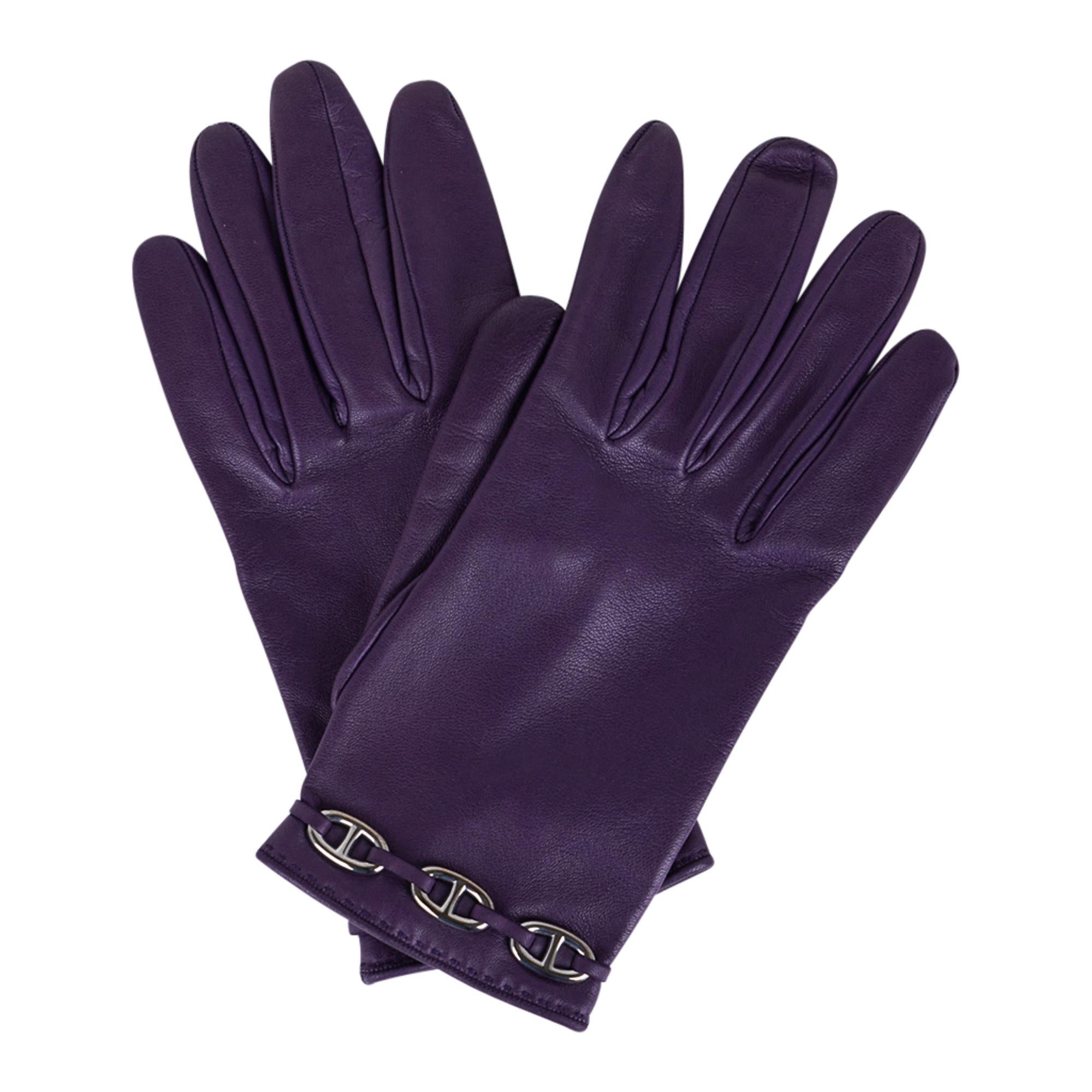Hermes Gloves Vintage Wrist Length Raisin Chaine D'Ancre Palladium Hardware 7 For Sale 1