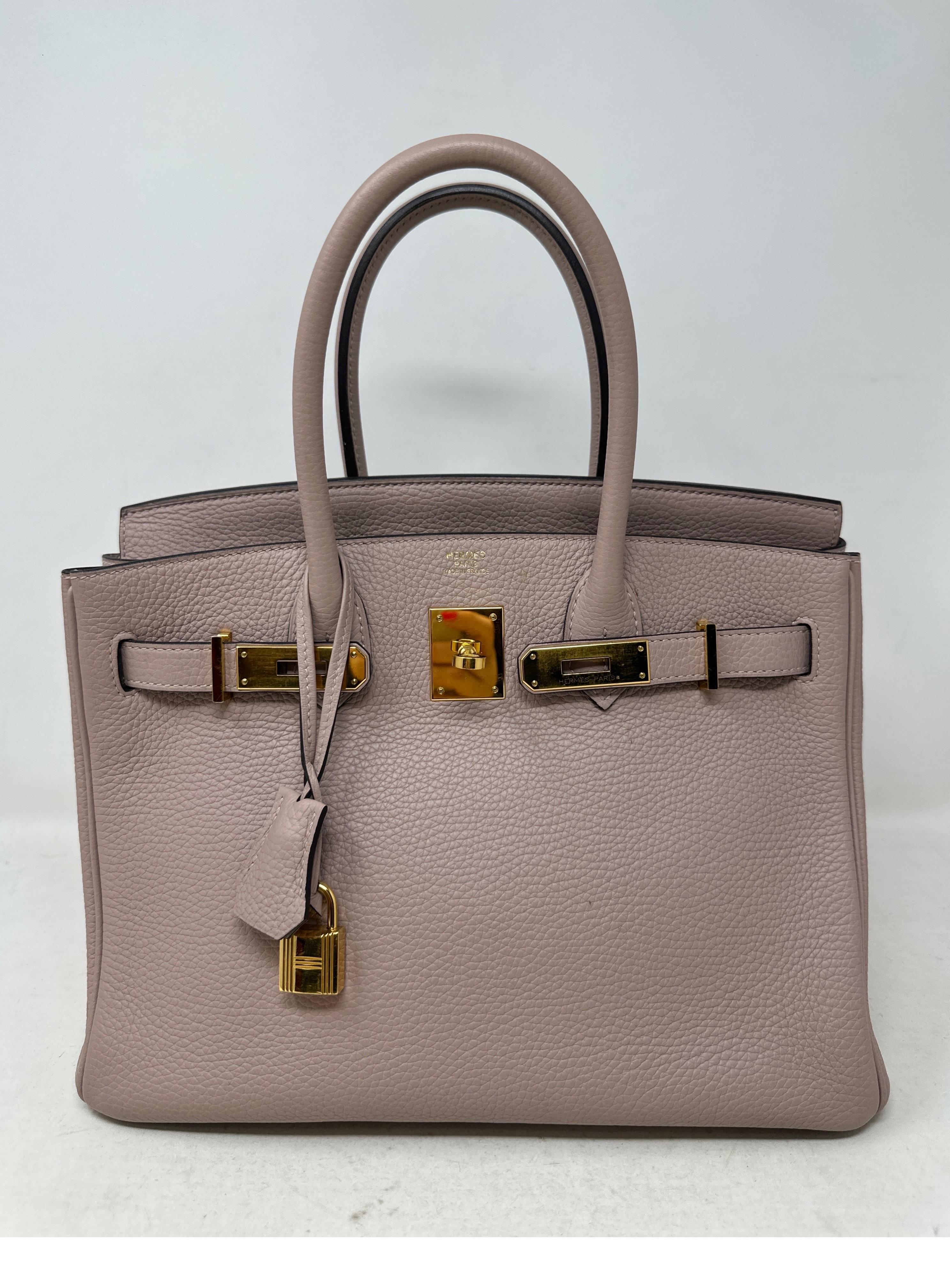 Hermes Glycine Birkin 30 Bag. Light pink taupe color. Rare color and gold hardware. Togo leather. Some wear on inside. Please see photos. Most wanted size Birkin. Includes clochette, lock, keys, and dust bag. Guaranteed authentic. 