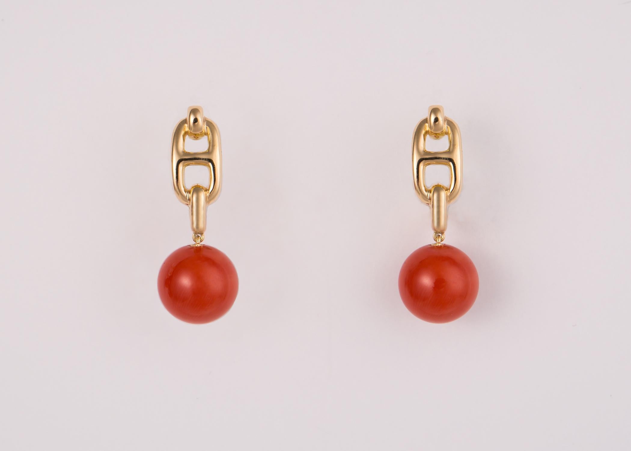 Contemporary Hermes Gold and Coral Marine Collection Earrings