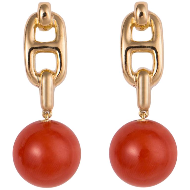 Hermes Gold and Coral Marine Collection Earrings