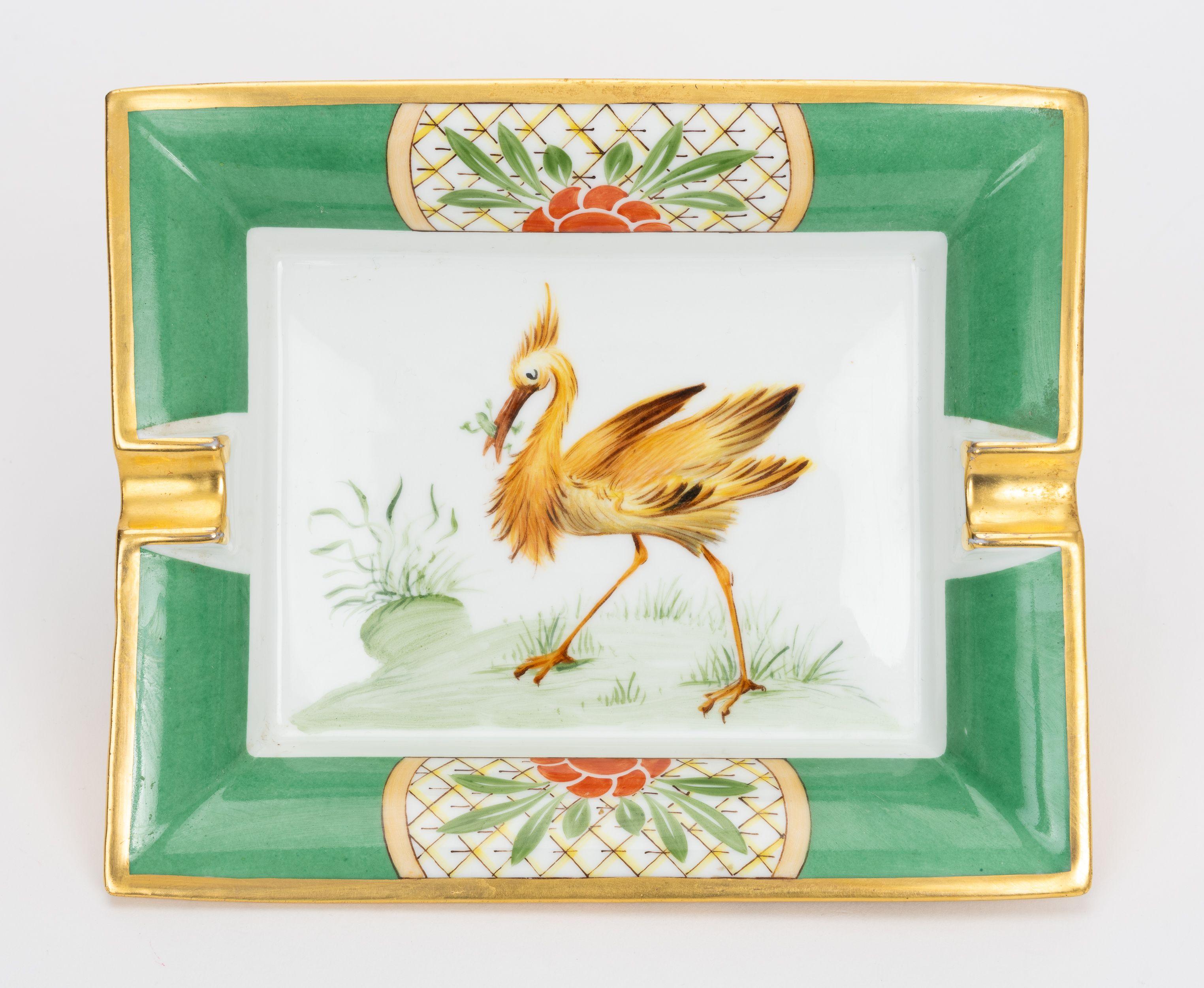 Women's or Men's Hermès Gold and Green Bird Porcelain Ashtray