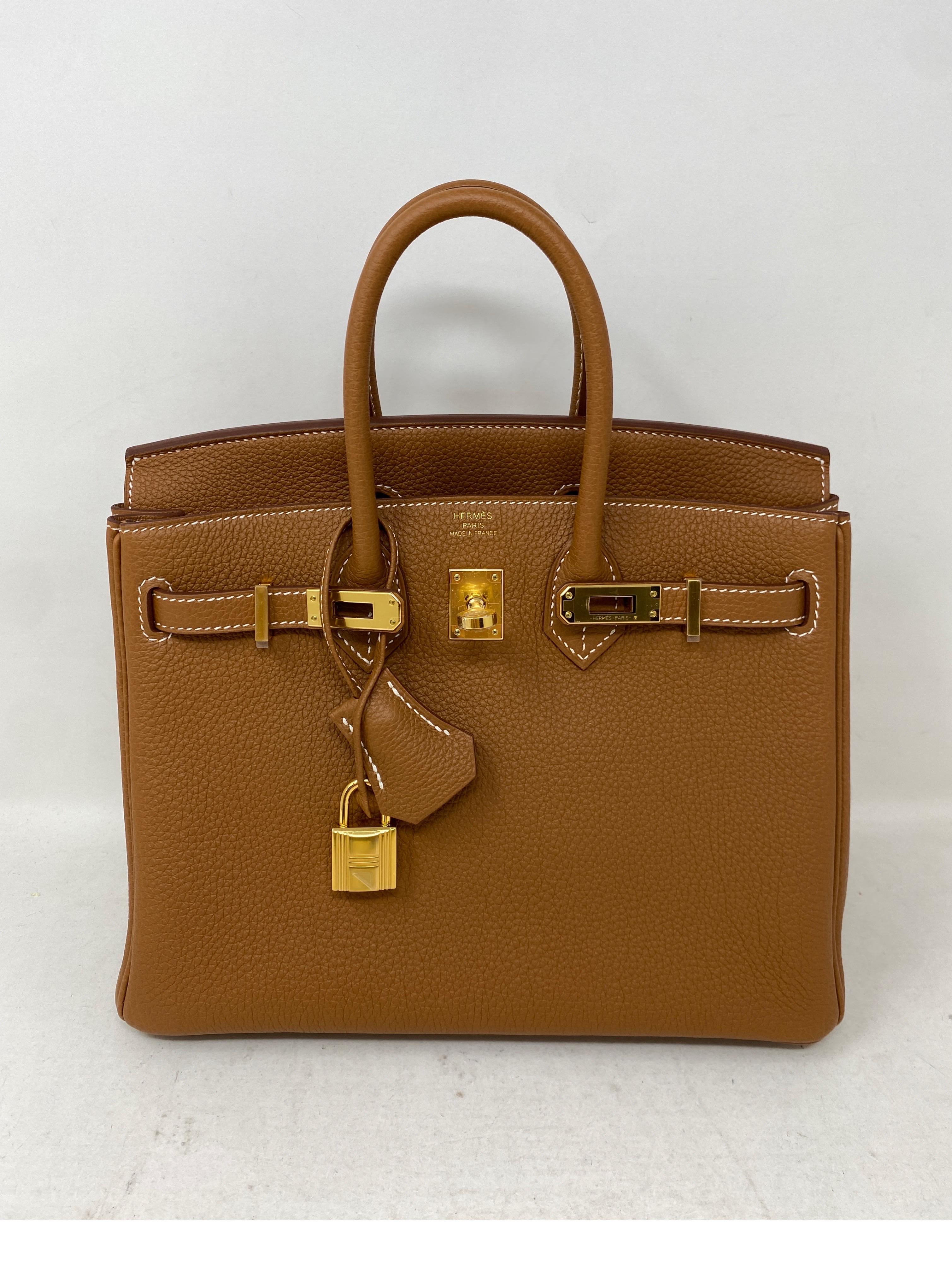 Hermes Gold Birkin 25 Bag. Gold tan color Birkin with gold hardware. The most coveted gold on gold Birkin. Rarest size 25 with gold hardware. Another unicorn bag. Brand new Birkin. Original receipt. Full set. Includes clcohette, lock, keys, rain