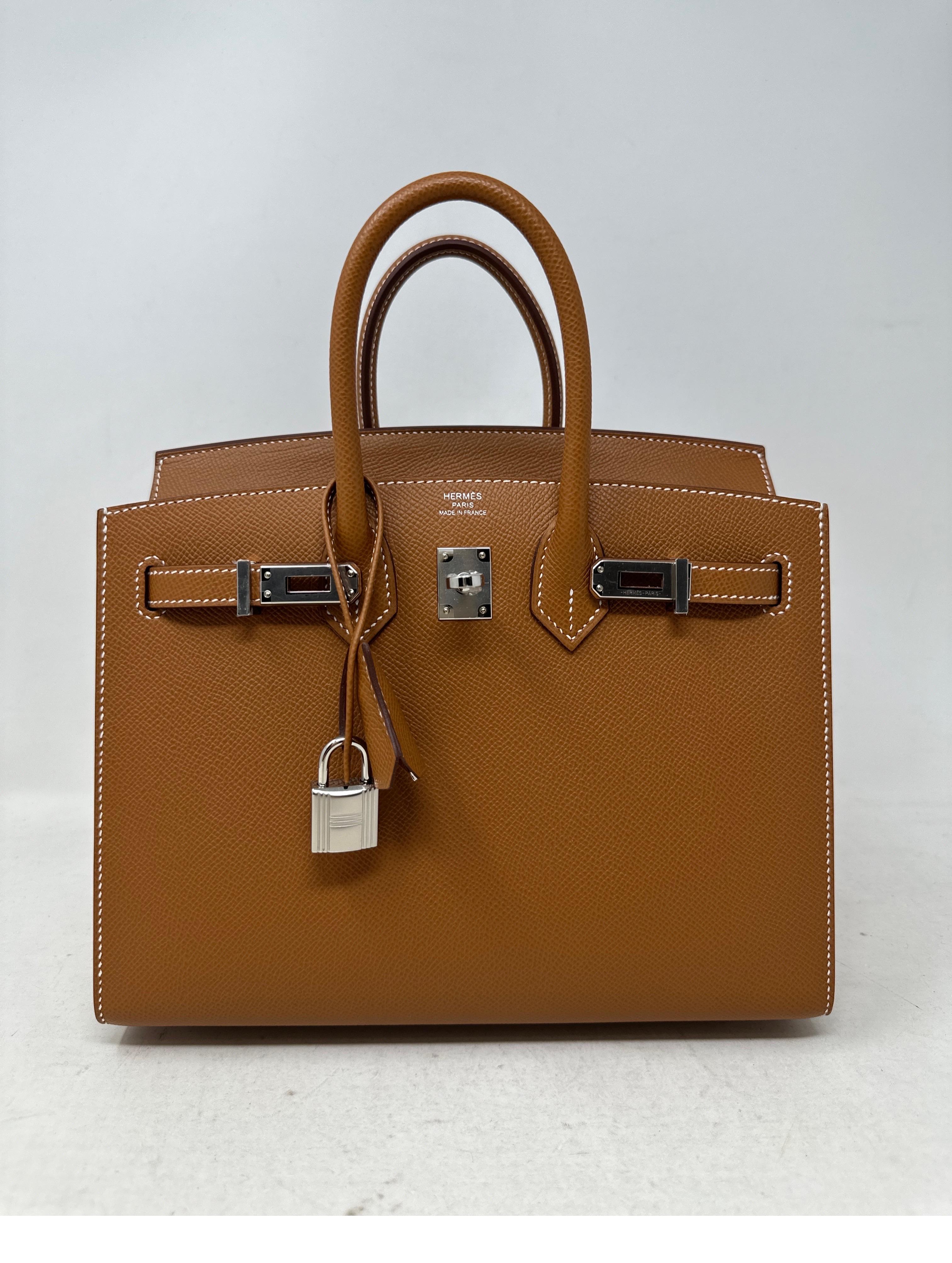 Hermes Gold Birkin 25 Bag. Brand new Birkin with palladium hardware. Gold tan color. Sellier Epsom leather. Rare size and most wanted color. Includes clochette, lock, keys, and dust bag. Guaranteed authentic. 