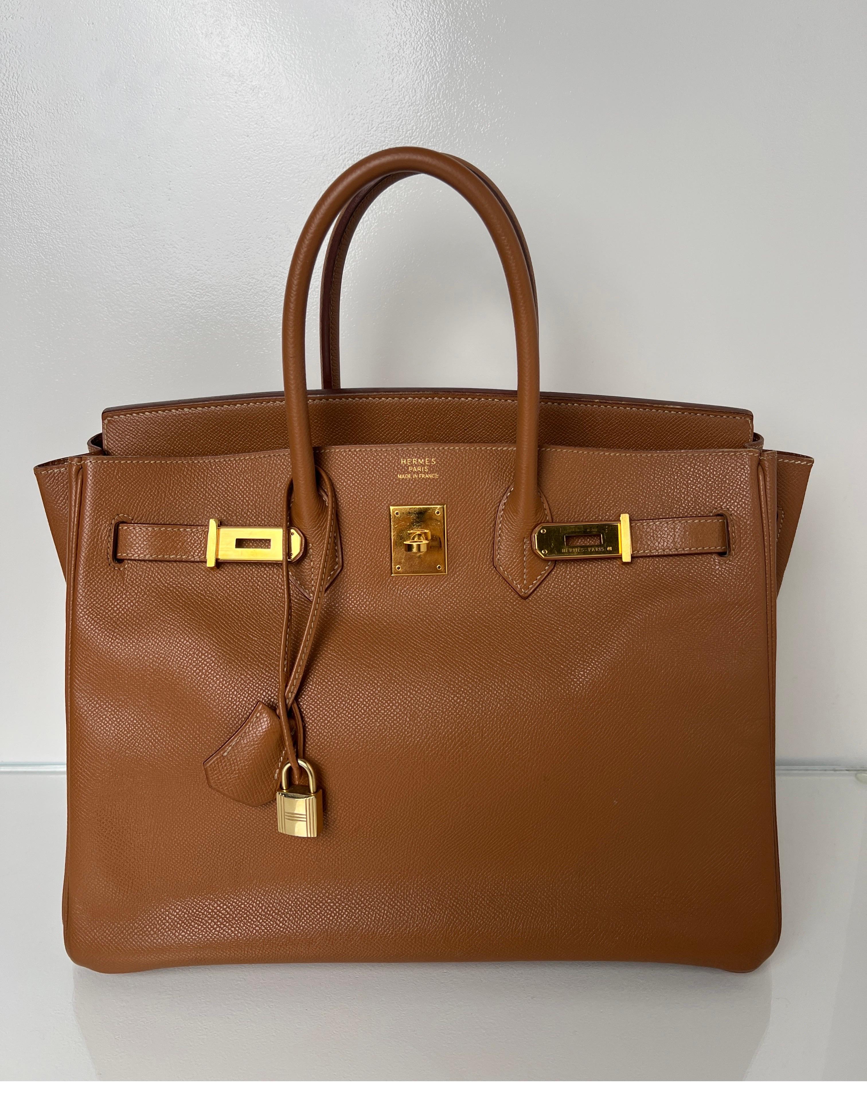Hermes Gold Birkin 35 Bag. Beautiful gold tan color with gold hardware. Vintage courchevel leather. Collector's bag. Interior clean. Good condition for vintage. Iconic classic combination. Gold on gold is the most wanted. Includes clochette, lock,
