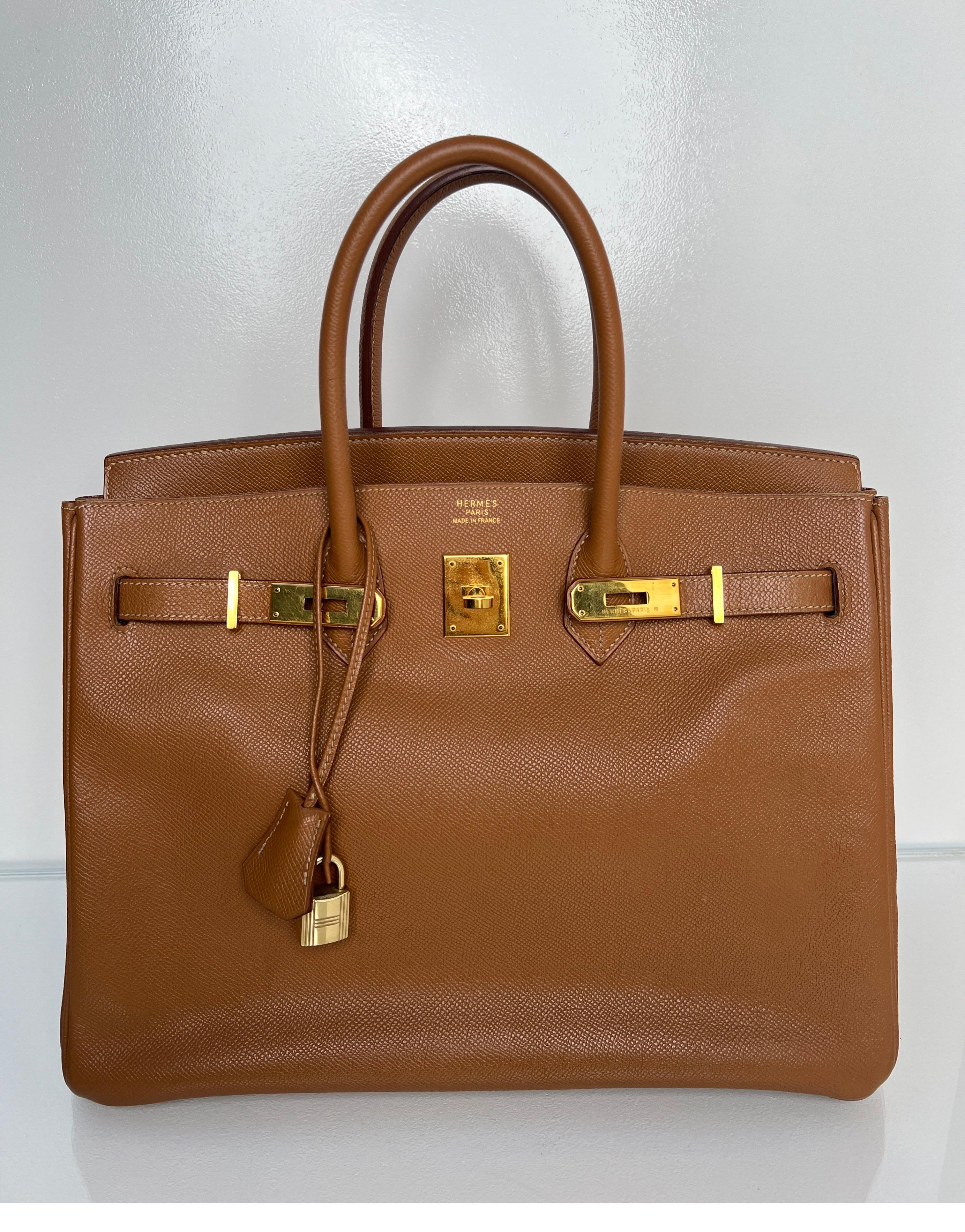 Hermes Gold Birkin 35 Bag. Vintage Birkin in the most wanted combination. Gold and gold. Courcheval leather. Interior clean. Light wear throughout. Overall good condition. Includes clochette, lock, keys, and dust bag. Guaranteed authentic. 