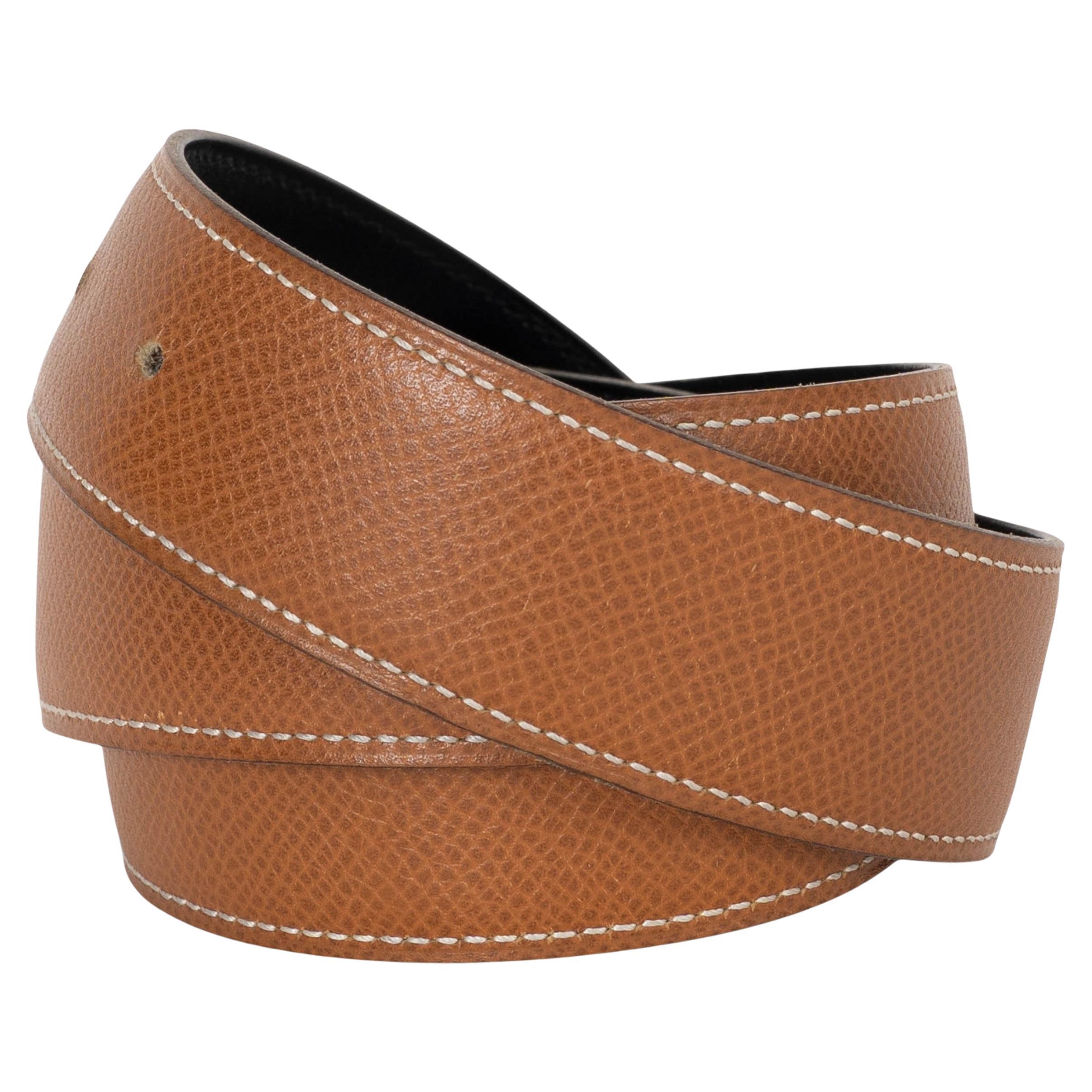 HERMES Gold 
black Courchevel leather 32mm REVERSIBLE Belt Strap 74