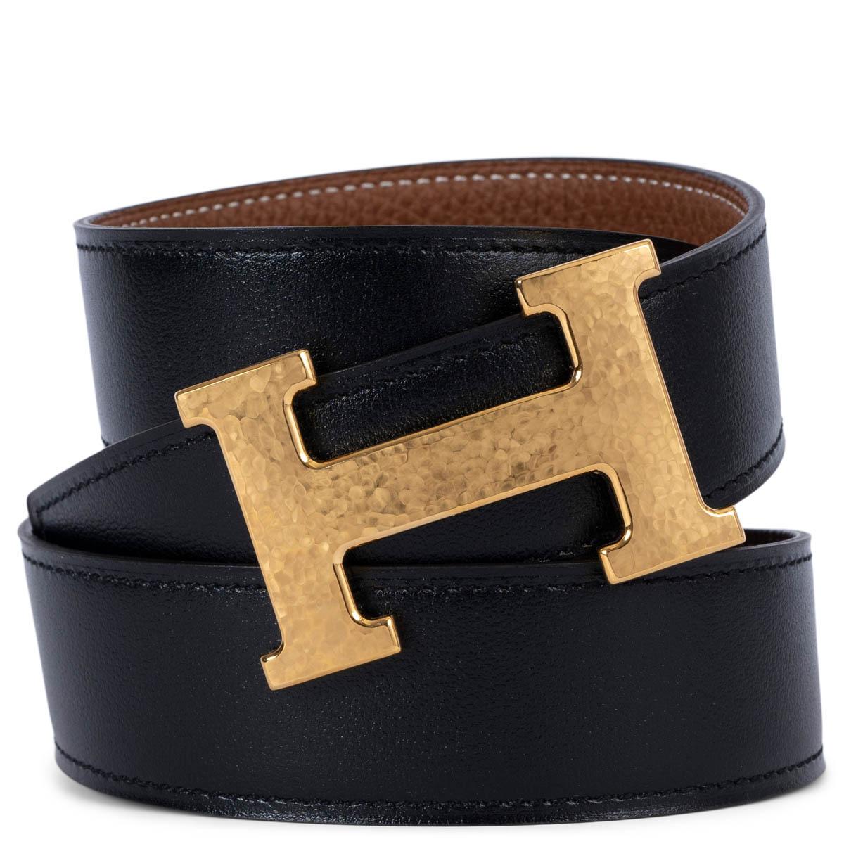 HERMES Gold / black leather H MARTELEE 32mm Reversible Hip Belt 90 In New Condition In Zürich, CH