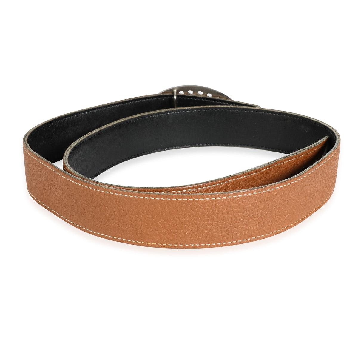 Hermes Gold Black Leather PHW Mirage Reversible Belt 90. Features silver hardware, and a gold and black reversible leather interior and exterior.

77268MSC