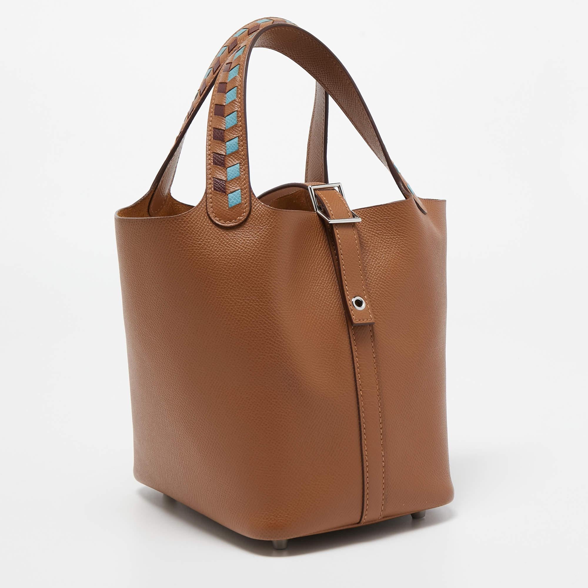 Brown Hermes Gold/Bleu Du Nord/Rouge H Epsom Leather Picotin Lock Tressage PM Bag