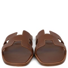 HERMES Gold camel brown leather ORAN Slide Sandals Shoes 37.5