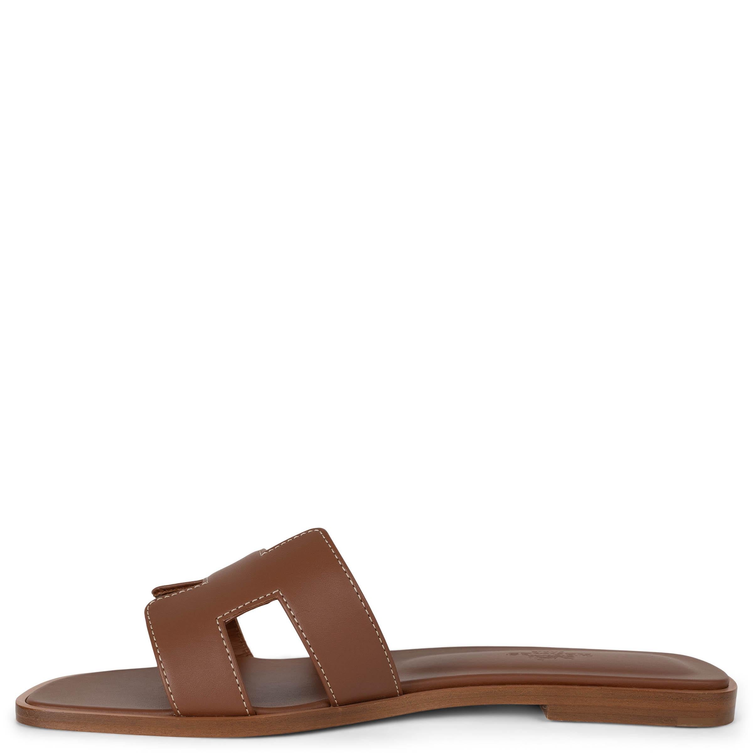 Brown HERMES Gold camel brown leather ORAN Slide Sandals Shoes 37.5