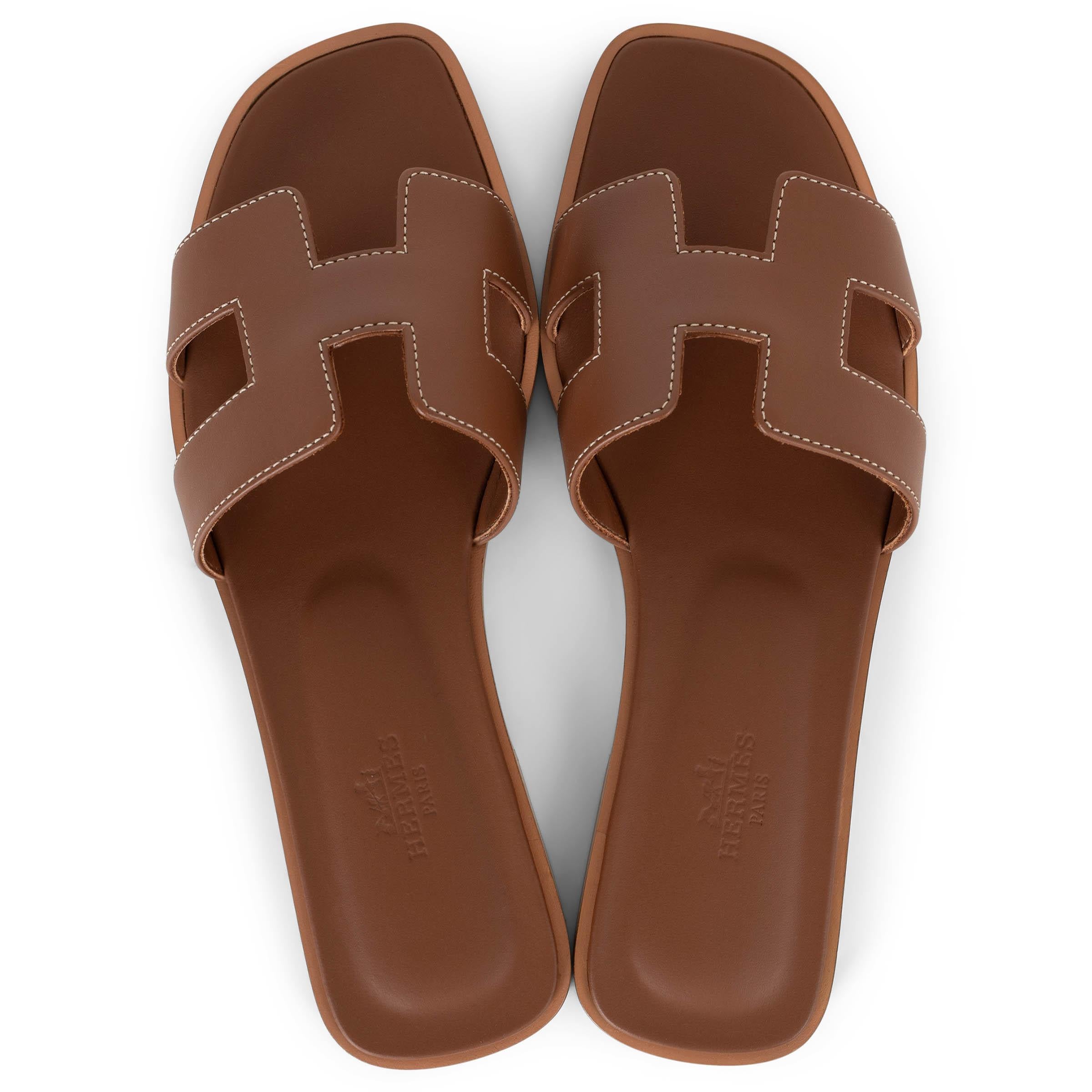 Women's HERMES Gold camel brown leather ORAN Slide Sandals Shoes 37.5