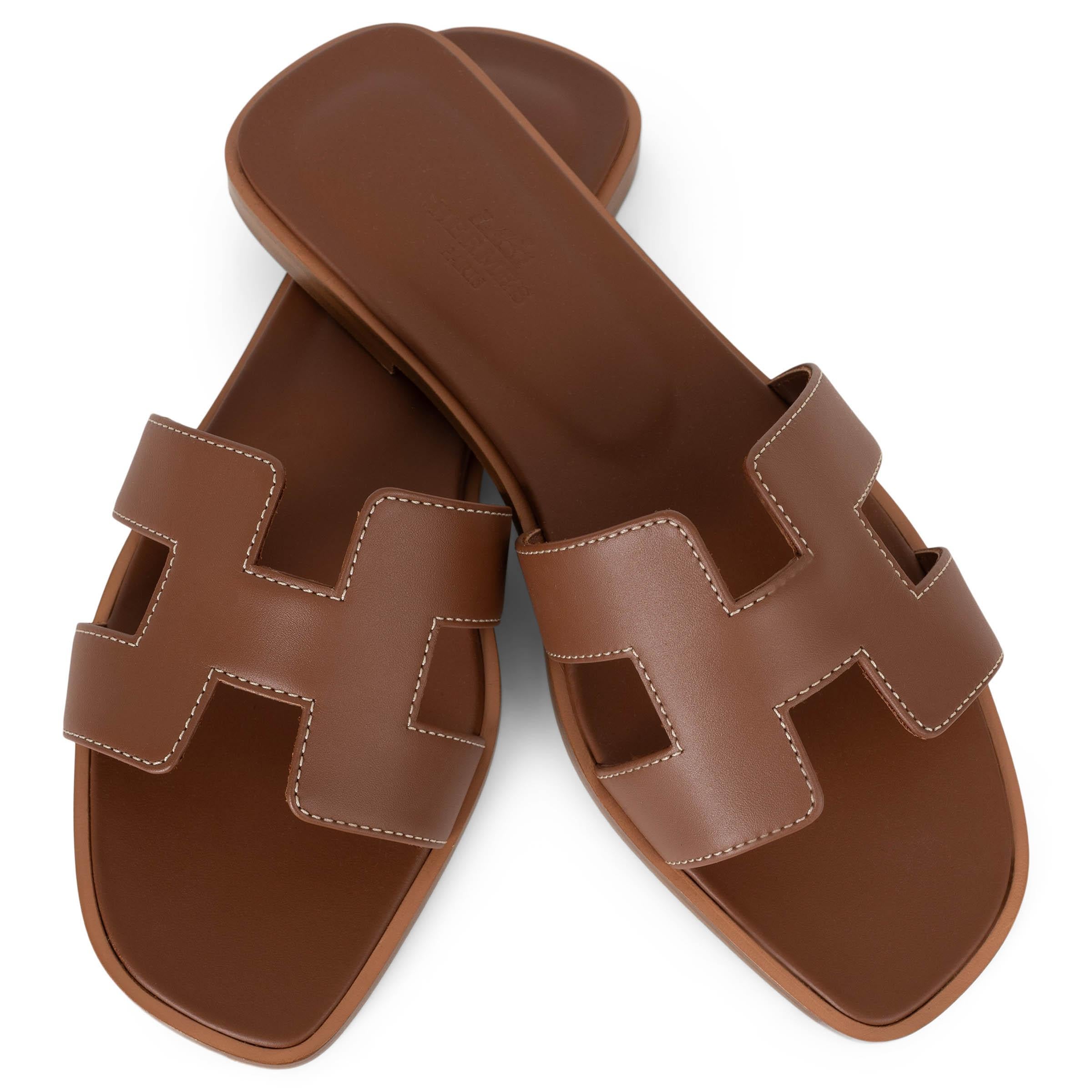 HERMES Gold camel brown leather ORAN Slide Sandals Shoes 37.5 1