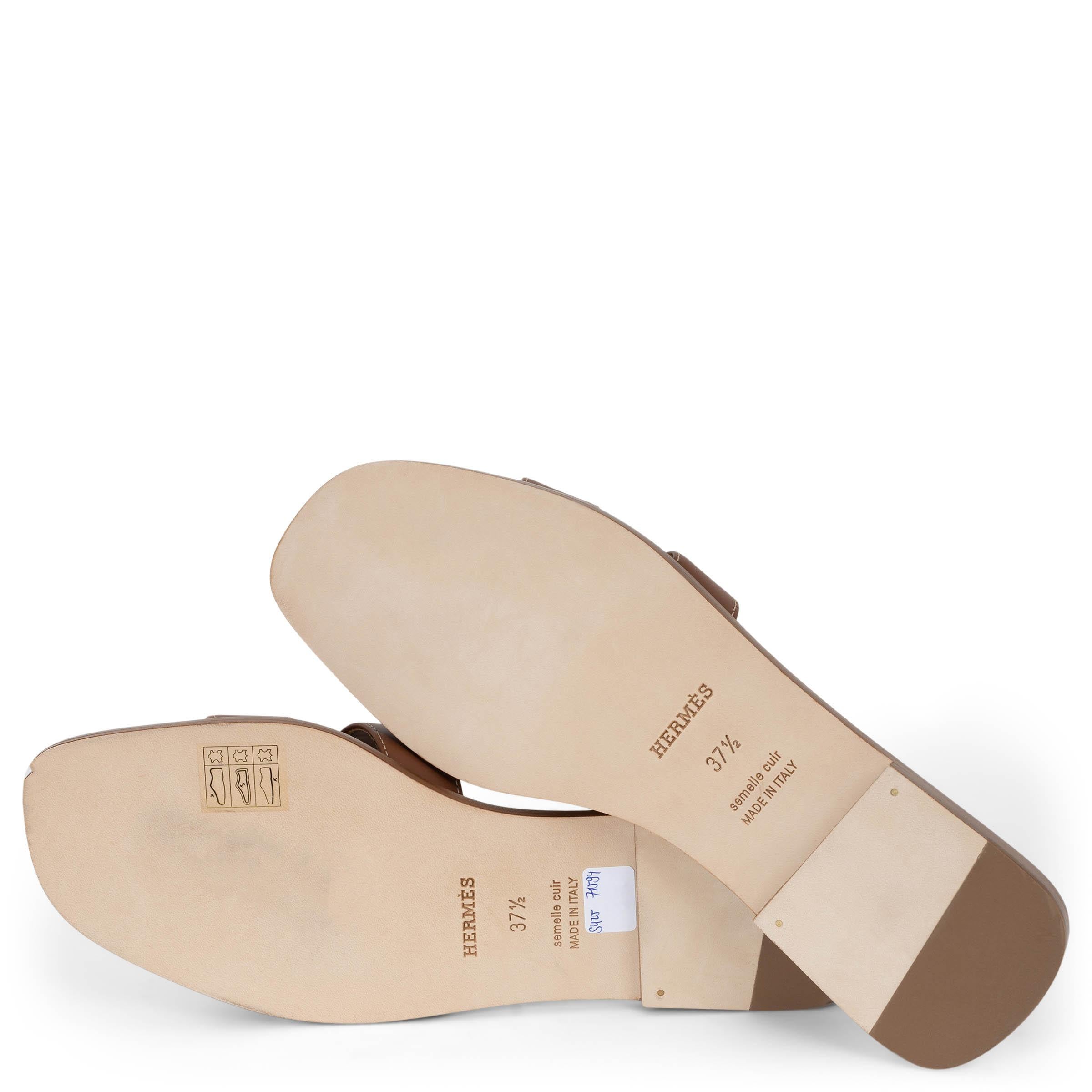 HERMES Gold camel brown leather ORAN Slide Sandals Shoes 37.5 3