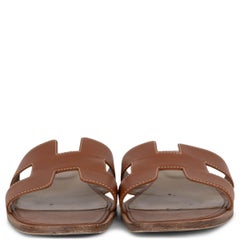 HERMES Gold camel brown leather ORAN Slide Sandals Shoes 41.5