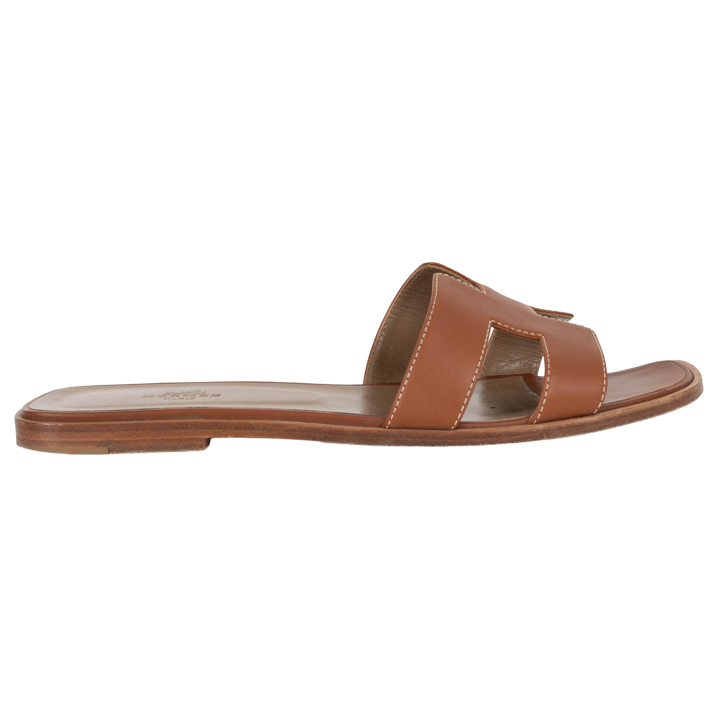HERMES Gold camel brown leather ORAN Slide Sandals Shoes 41.5