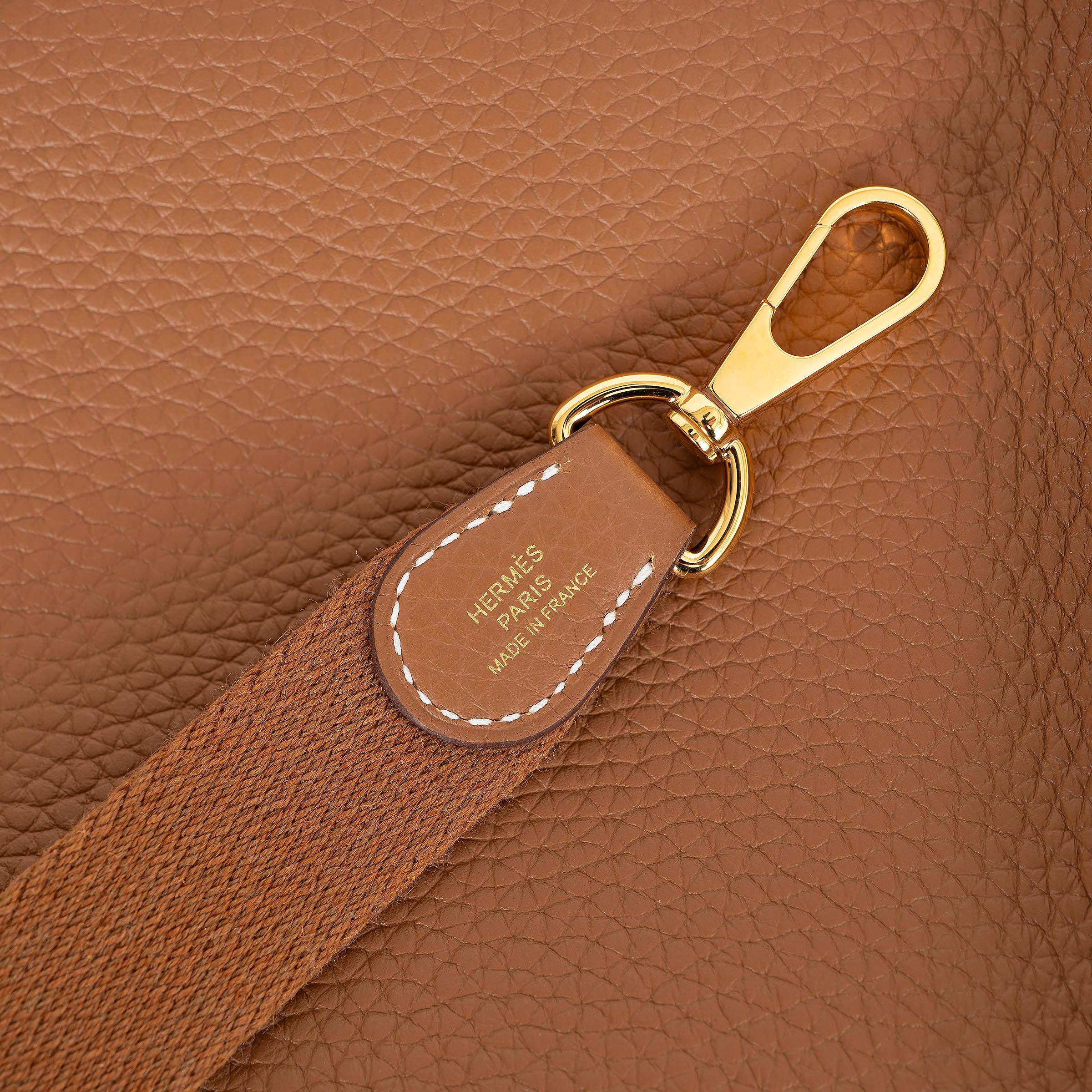 Women's HERMES Gold camel Clemence leather EVELYNE 16 TPM Crossbody Bag Ghw