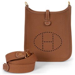 HERMES Gold camel Clemence leather EVELYNE 16 TPM Crossbody Bag Ghw