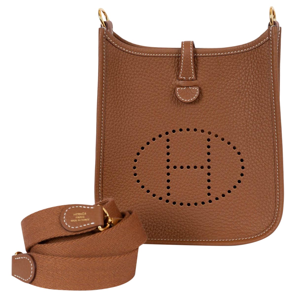 HERMES Gold camel Clemence leather EVELYNE 16 TPM Crossbody Bag Ghw For Sale