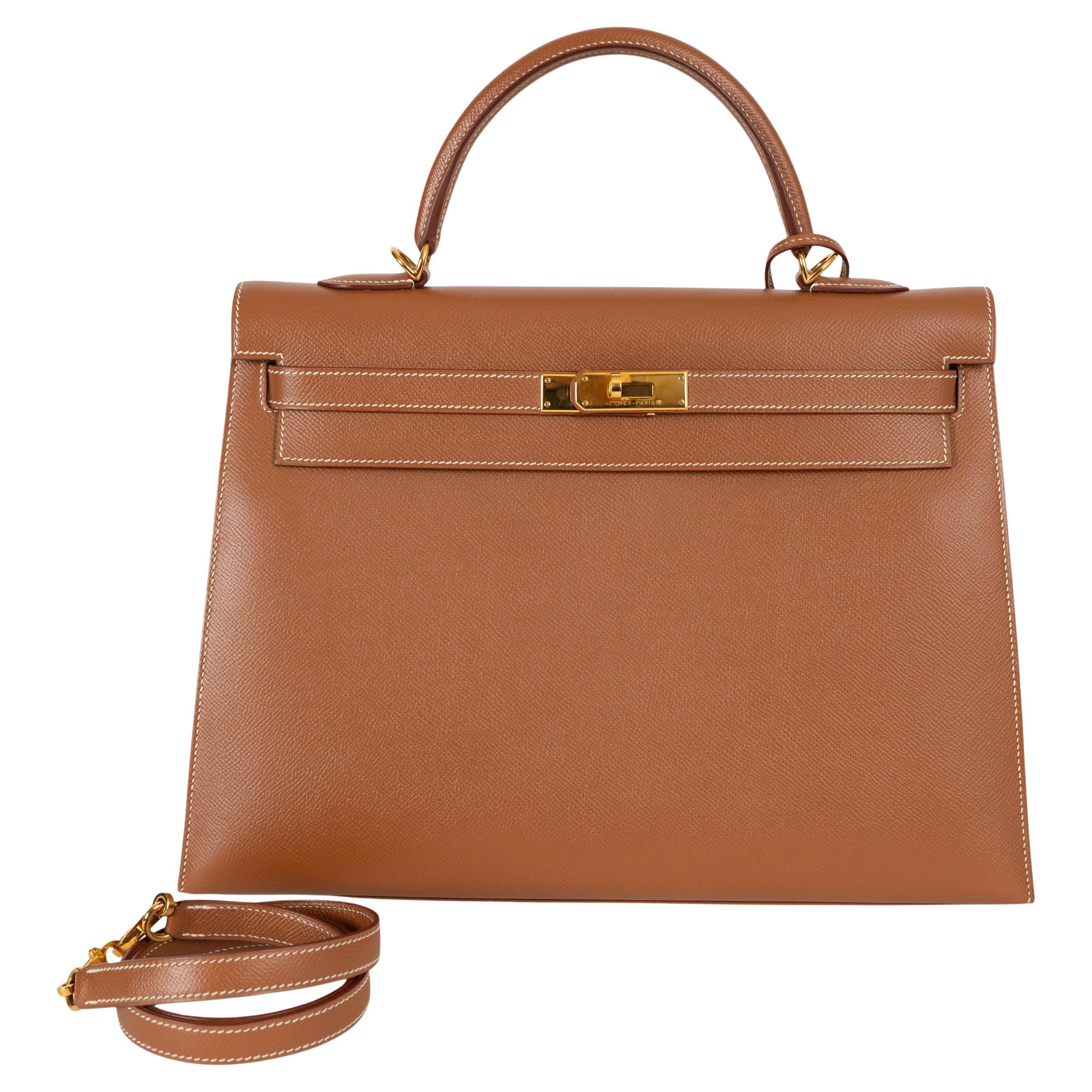 HERMES Oro camel Epsom cuero KELLY 35 SELLIER Bolso w Oro