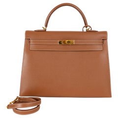 HERMES Gold camel Epsom leather KELLY 35 SELLIER Bag w Gold