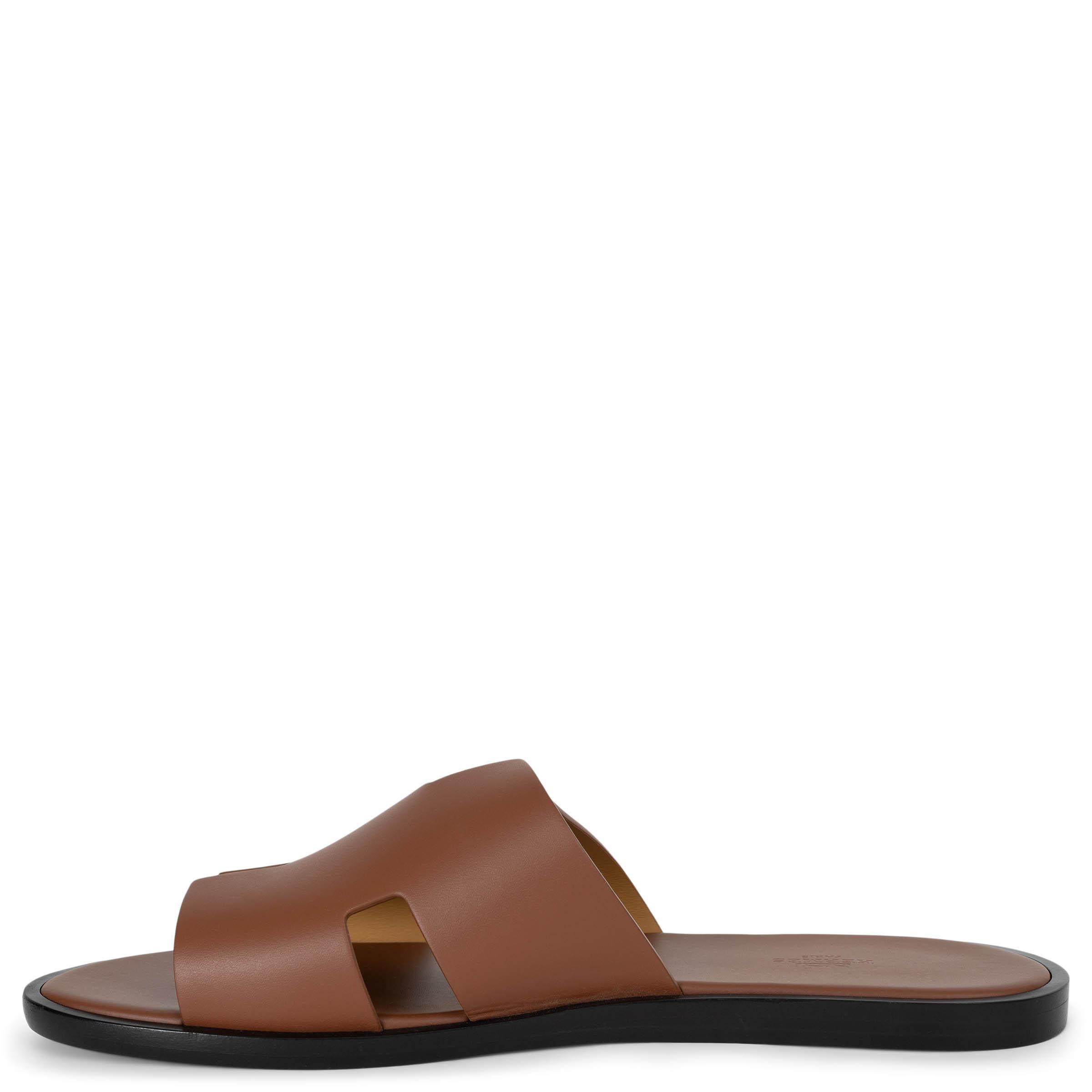 Brown HERMES Gold camel leather IZMIR Slide Sandals Shoes 45.5 For Sale