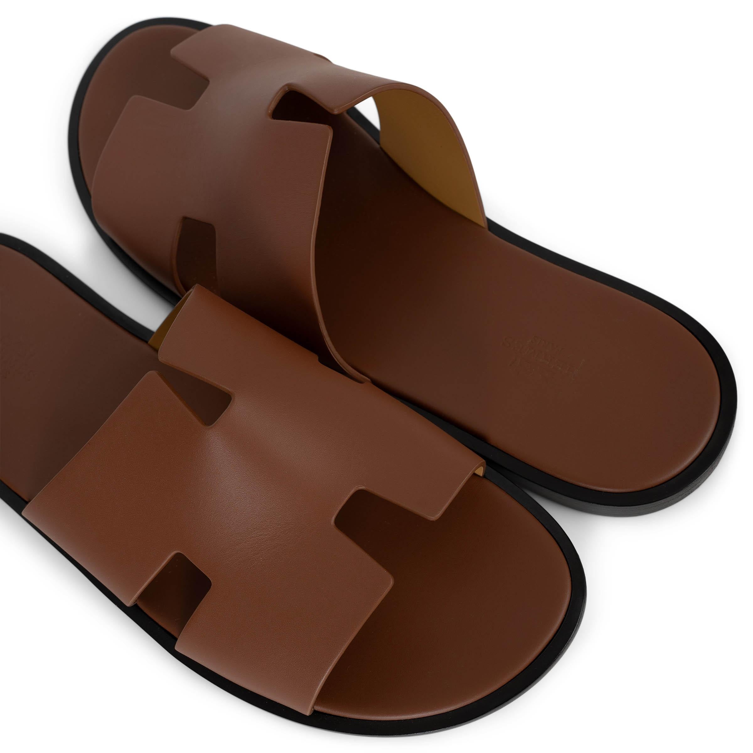 HERMES Gold camel leather IZMIR Slide Sandals Shoes 45.5 For Sale 1