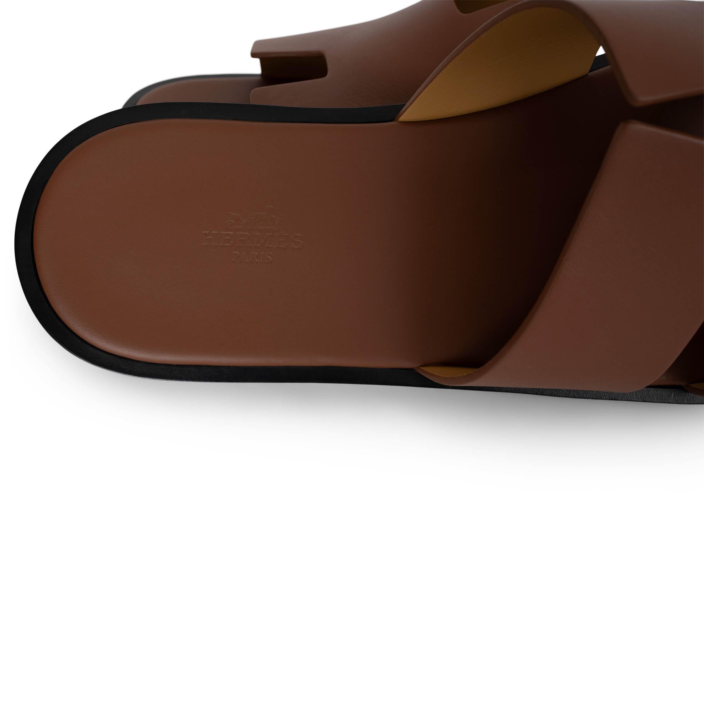 HERMES Gold camel leather IZMIR Slide Sandals Shoes 45.5 For Sale 2