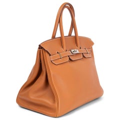 HERMES Gold camel Swift leather BIRKIN 35 Bag Palladium