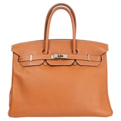 HERMES Gold camel Swift leather BIRKIN 35 Bag Palladium