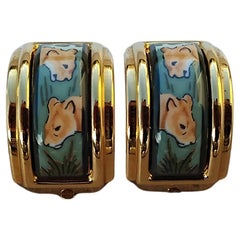 Hermès Gold Enamel Earrings Lionesses Africa