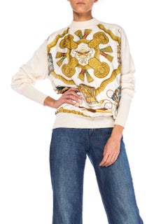 1970S HERMES Ivory Wool Knit Mock Neck Sweater With Silk Scarf Front