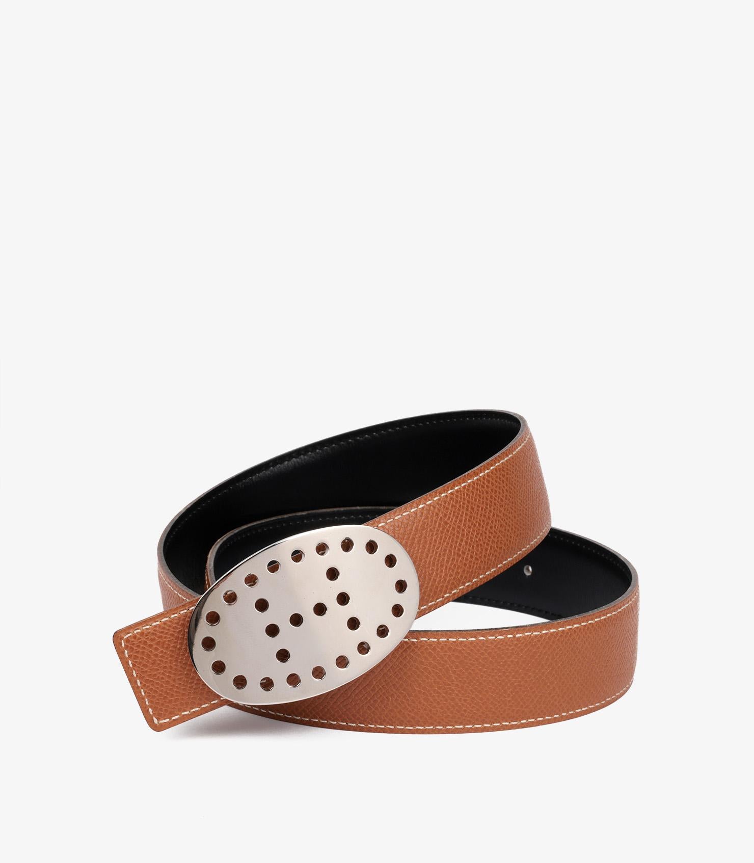 Brown Hermès Gold Epsom Leather & Black Box Calf Leather Vintage 32mm Mirage Belt - 70 For Sale