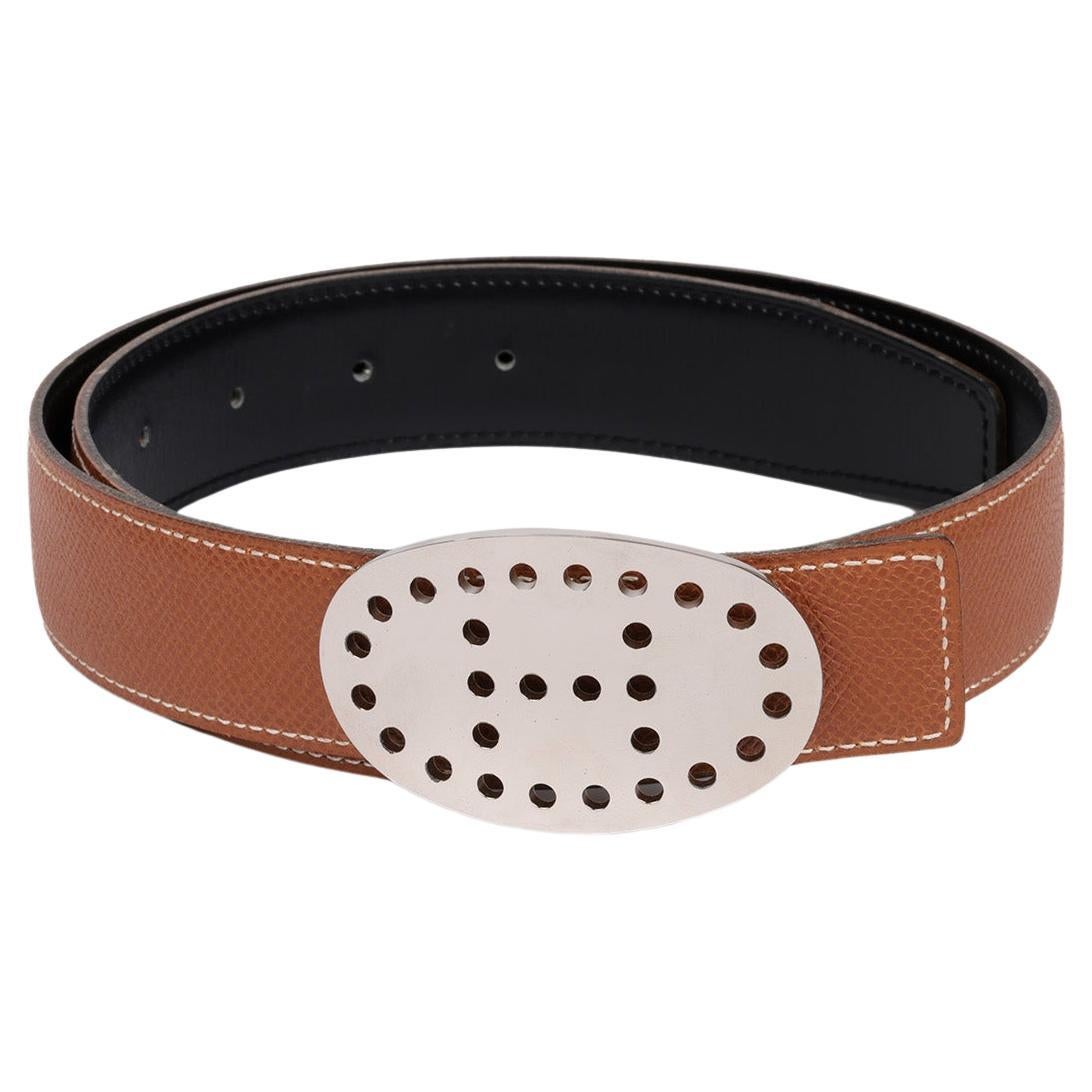Hermès Gold Epsom Leather & Black Box Calf Leather Vintage 32mm Mirage Belt - 70 For Sale