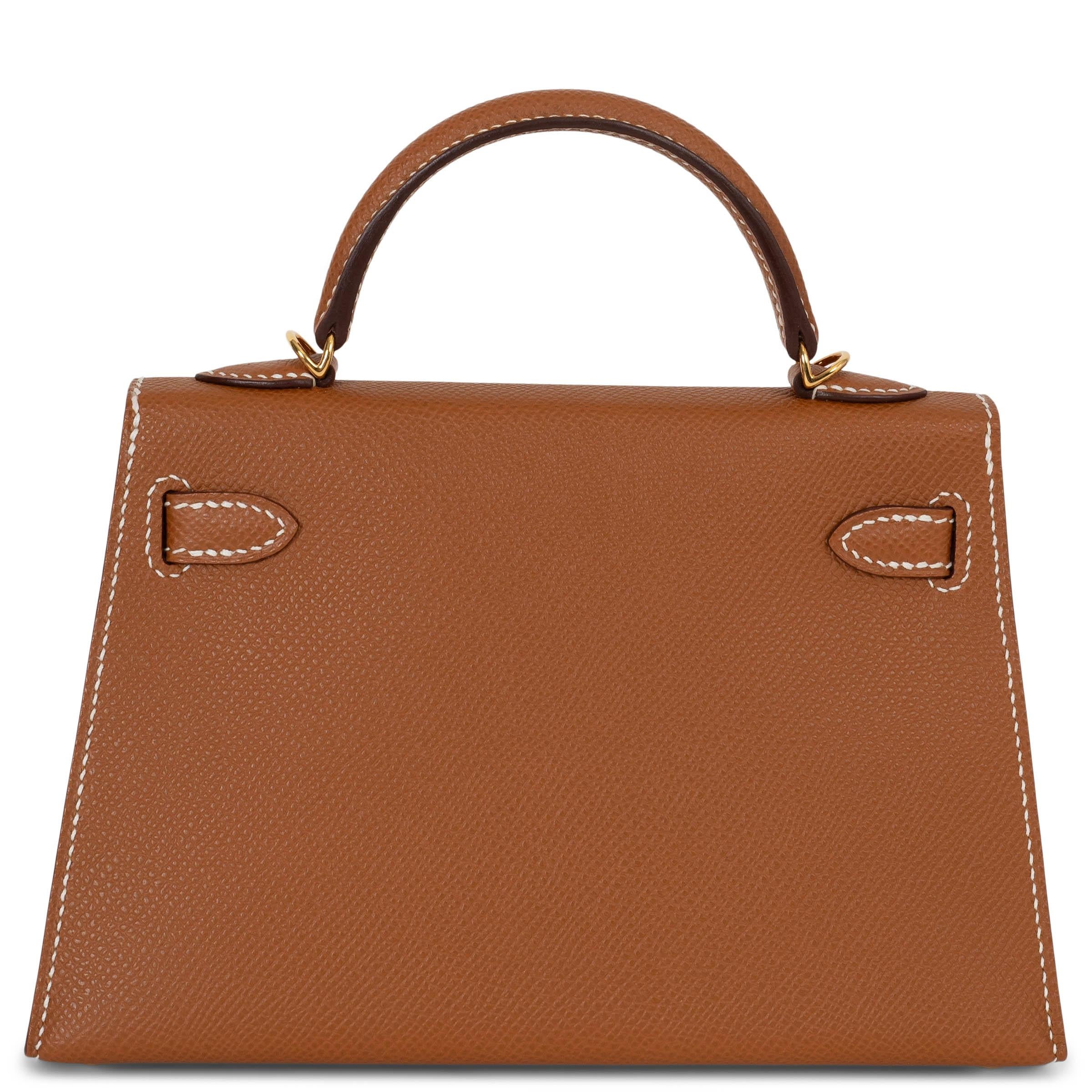 Brown HERMES Gold Epsom leather MINI KELLY 20 SELLIER Bag Ghw For Sale