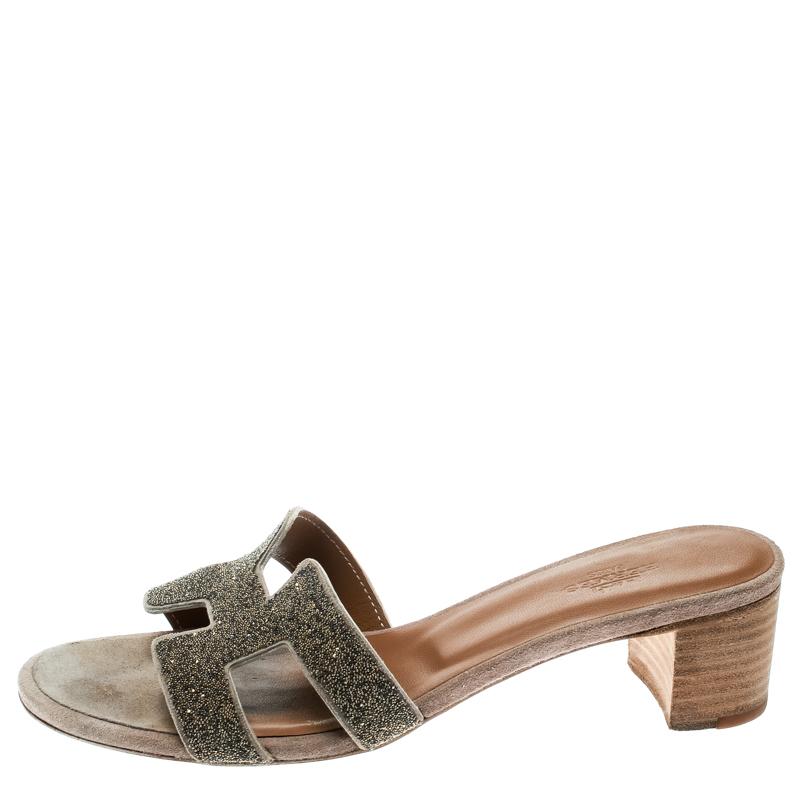 Brown Hermes Gold Glitter Leather Oasis Slide Sandals Size 37