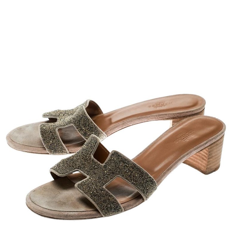Hermes Gold Glitter Leather Oasis Slide Sandals Size 37 For Sale at ...