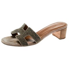 Hermes Gold Glitter Leather Oasis Slide Sandals Size 37