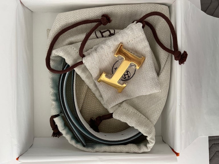 Hermes Gold H belt buckle and Reversible leather strap 32 mm White Blue