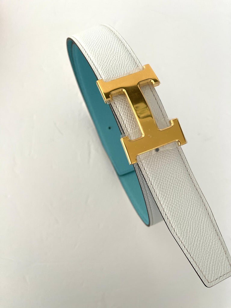 Hermes Gold H belt buckle and Reversible leather strap 32 mm White Blue