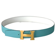 Hermes Gold H Gürtelschnalle & Wende-Lederarmband 32 mm Weiß-Blau Atoll