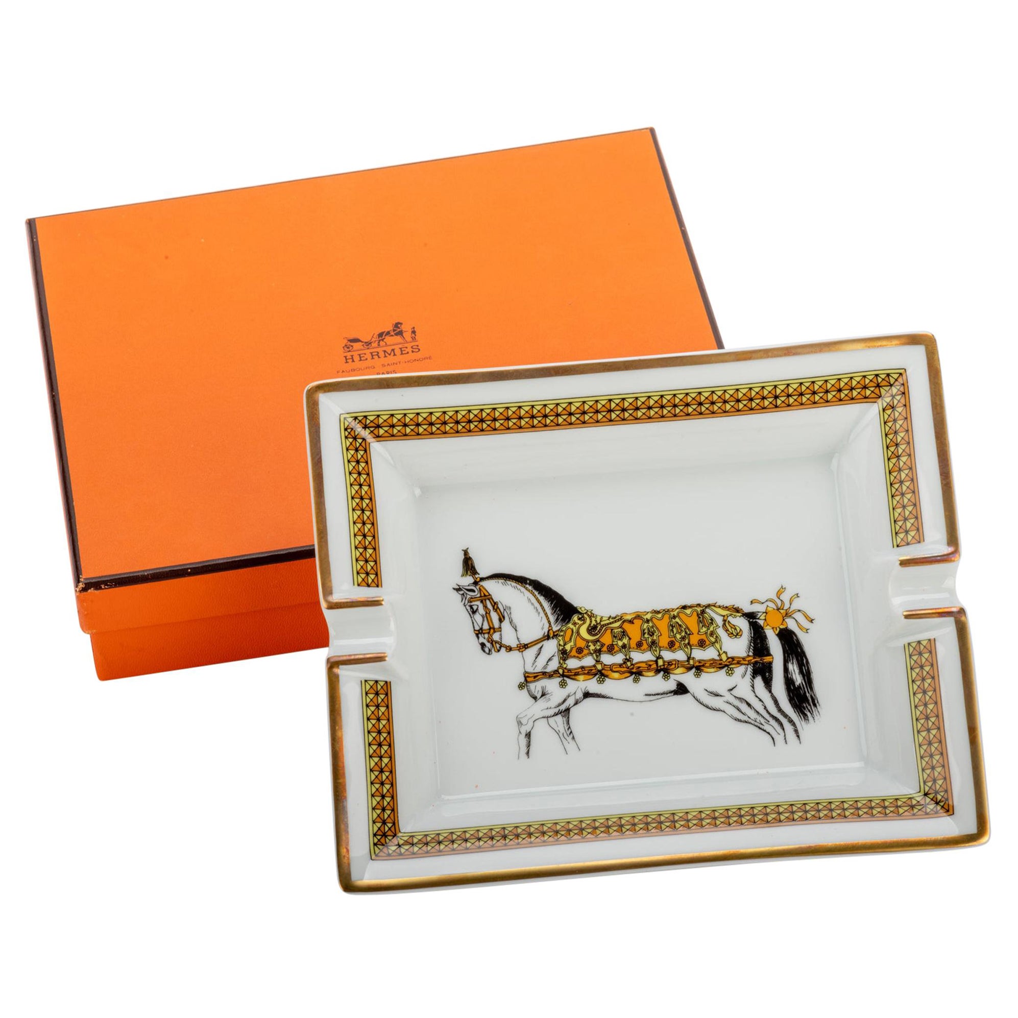 Hermes Gold Horse Porcelain Ashtray For Sale