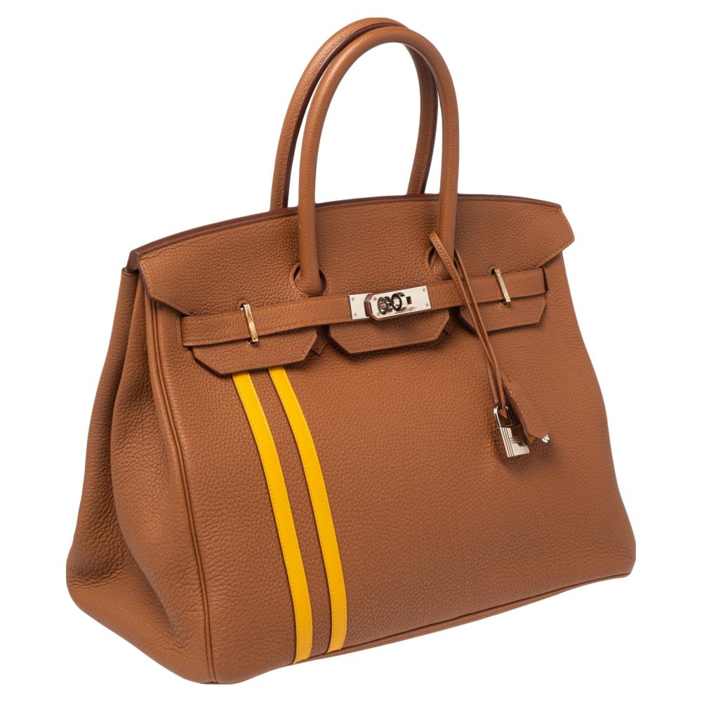 Brown Hermès Gold/Juane Togo and Swift Palladium Finish Officier Birkin 35 Bag