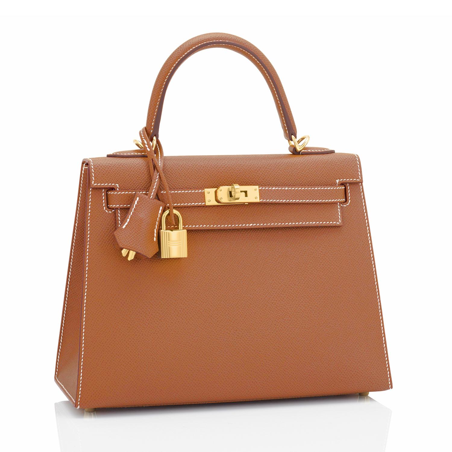 Hermes Gold Kelly 25cm Tan Sellier Shoulder Bag  
The most wanted bag and the only one you need this spring summer!
Brand New in Box. Store Fresh. Pristine Condition (with plastic on hardware).
Perfect gift! Comes full set with keys, lock,