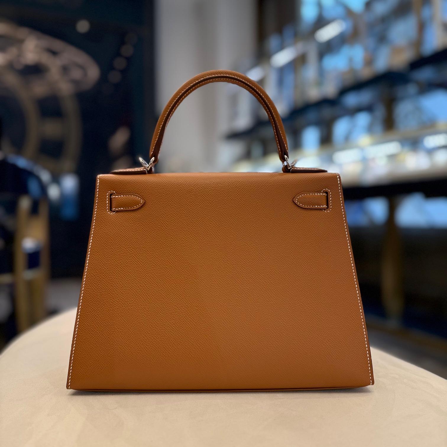 Brown Hermès Gold Kelly 28 Sellier Epsom Palladium Hardware For Sale