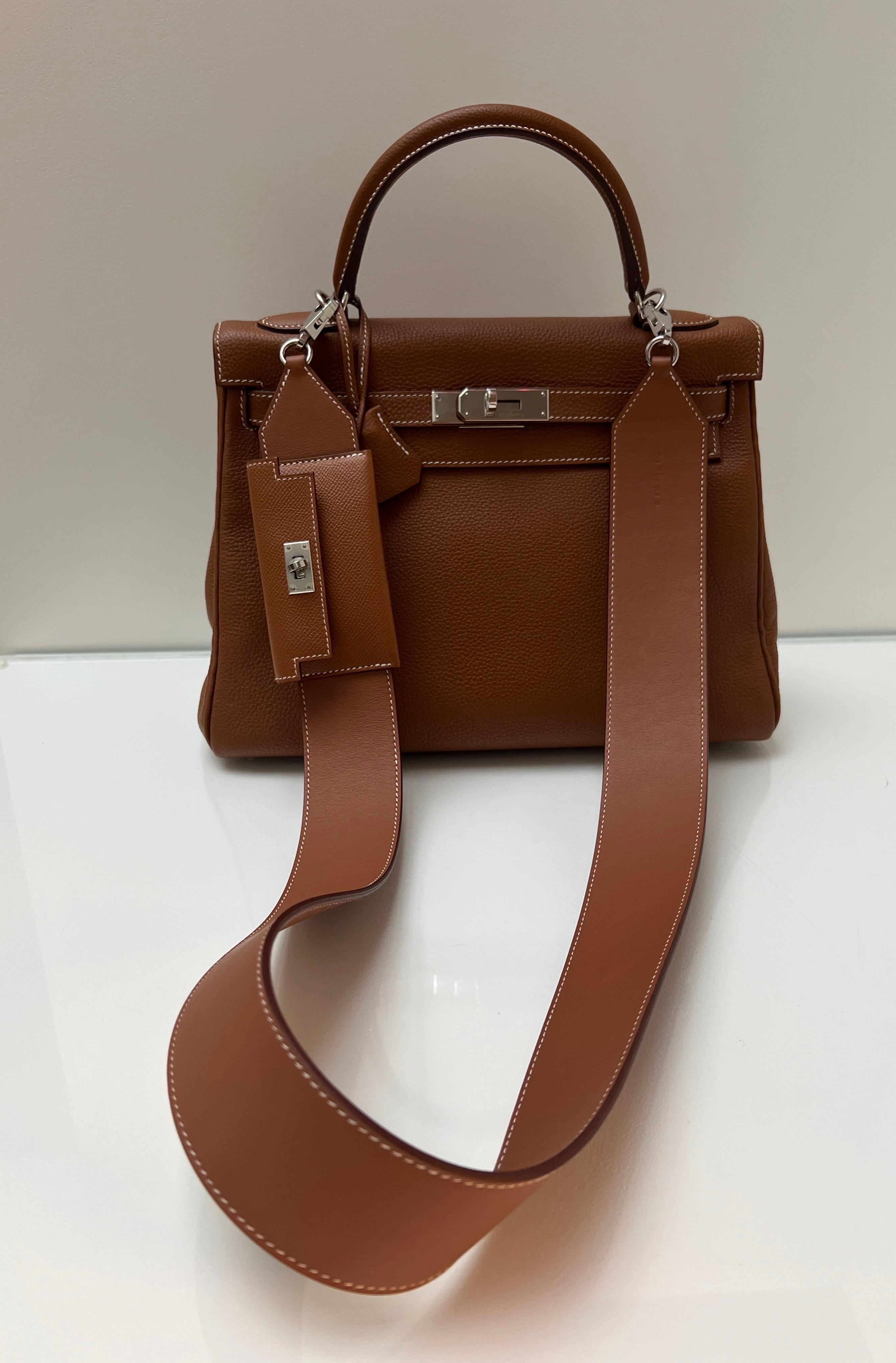Women's or Men's Hermes Gold Kelly 28 Togo with Rare Strap