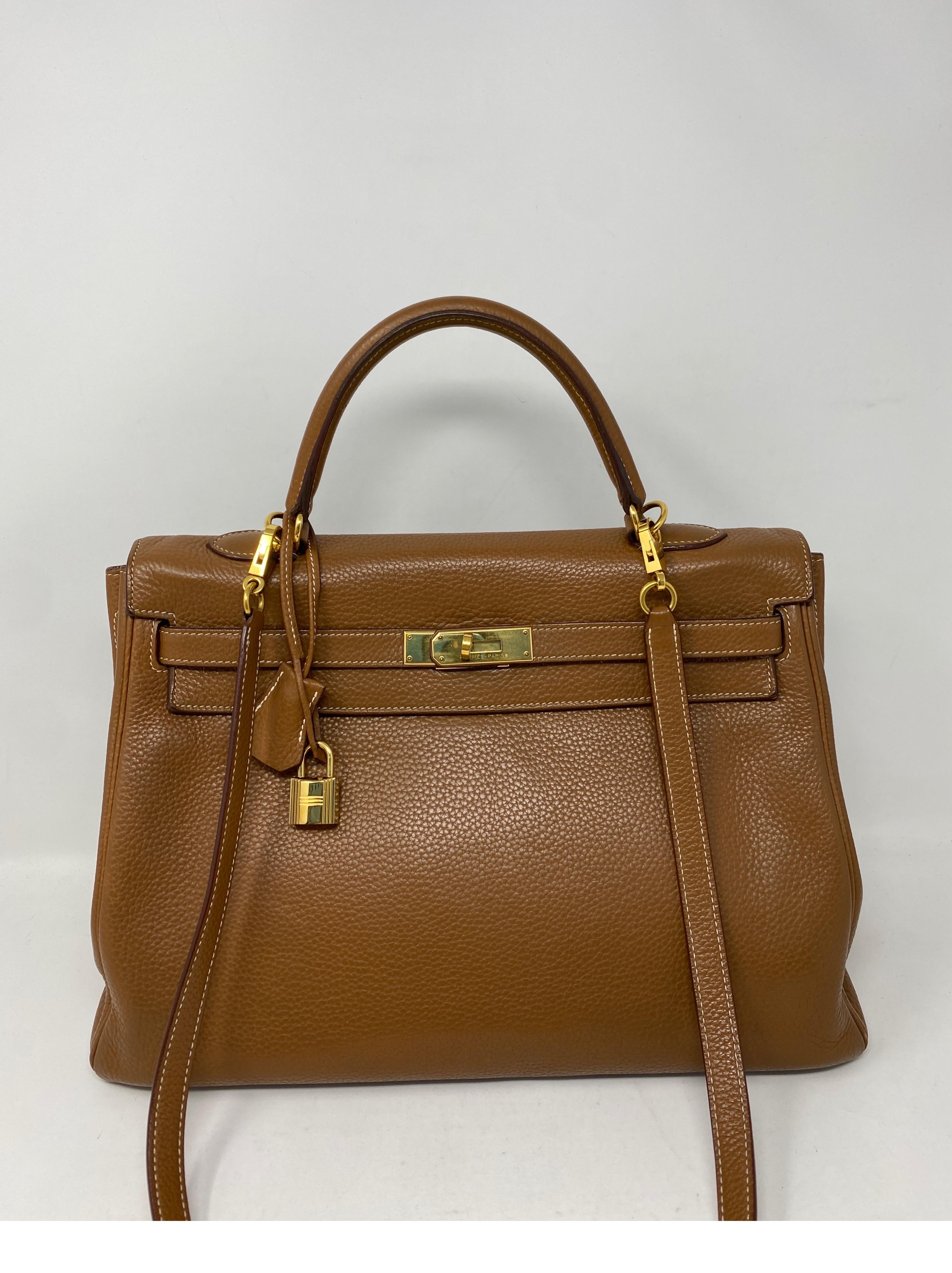 Hermes Gold Kelly 35 Bag. Gold hardware. Light wear on corners. Fair to good condition. Has lots of life left. The most wanted color combo. Gold on gold bag. Don't miss out on a classic. Includes strap, clochette, lock, keys, and dust cover.