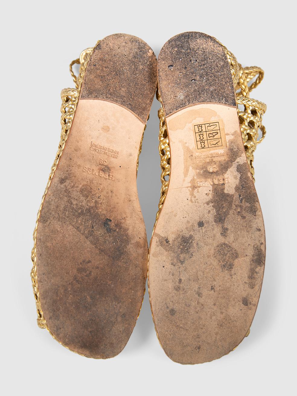 Hermès Gold Leder gewebt Ankle Wrap Sandalen Größe IT 39 im Angebot 1