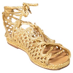 Hermès Gold Leather Woven Ankle Wrap Sandals Size IT 39